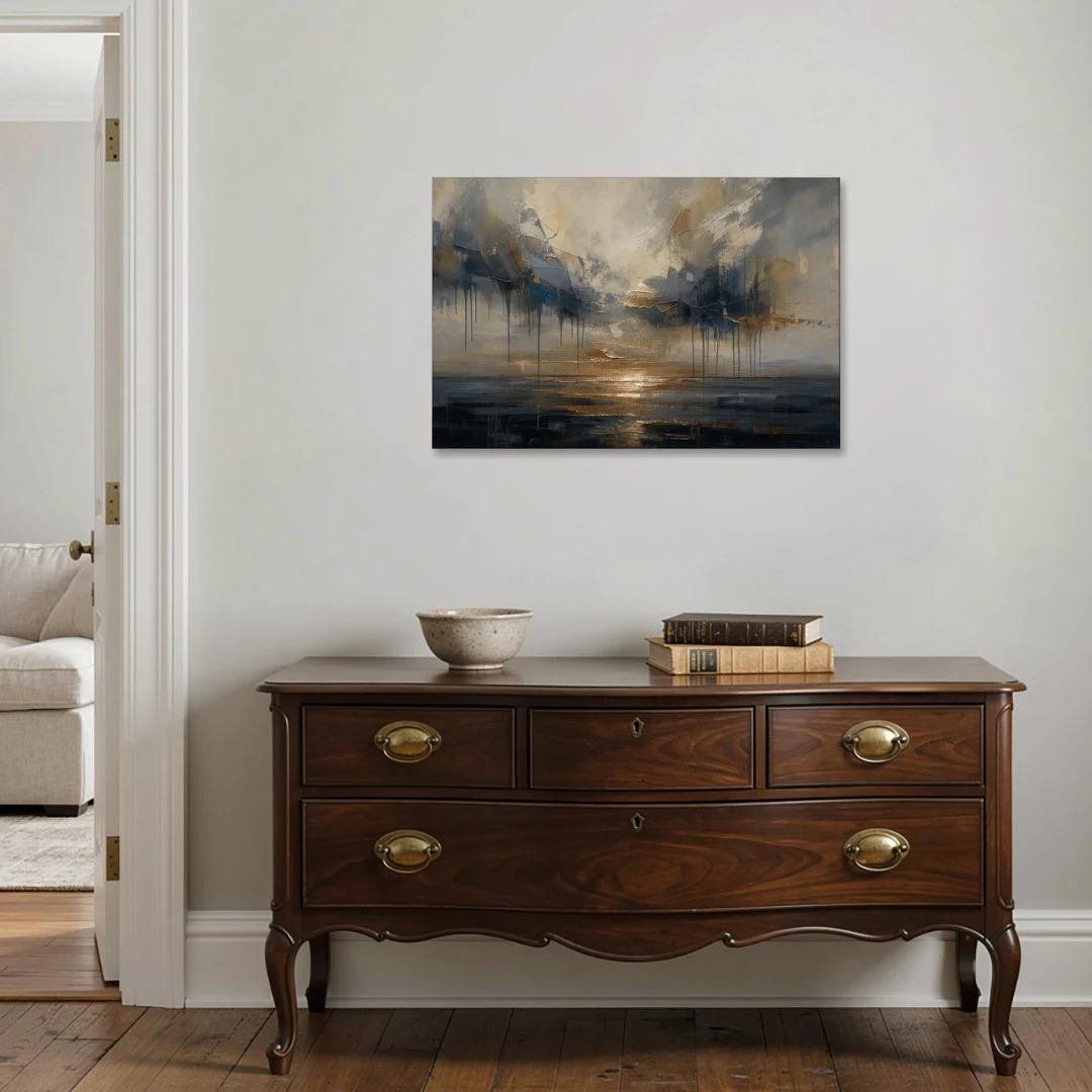 Metallic Abstract Bronze Horizon Over Still Sea - Canvas Wall Art - Coffee Table - 36x24