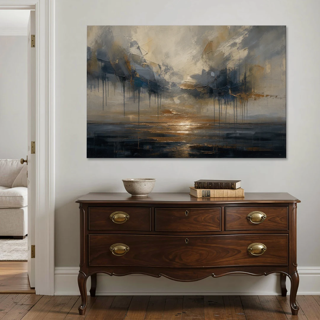 Metallic Abstract Bronze Horizon Over Still Sea - Canvas Wall Art - Coffee Table - 60x40