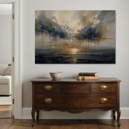 Metallic Abstract Bronze Horizon Over Still Sea - Canvas Wall Art - Coffee Table - 60x40