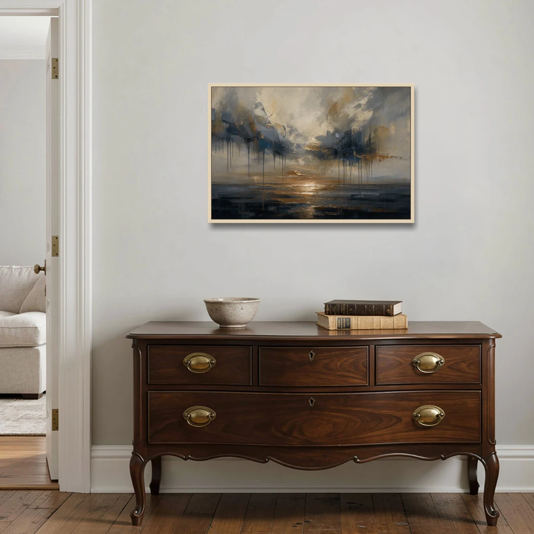 Metallic Abstract Bronze Horizon Over Still Sea - Oak Framed Canvas Wall Art - Coffee Table - 36x24