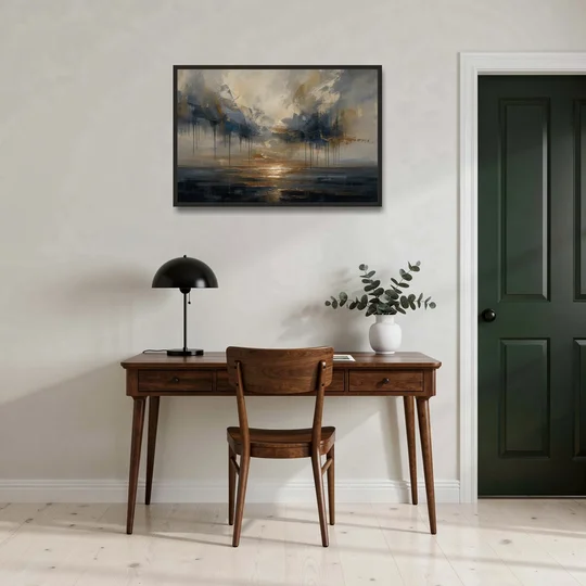 Metallic Abstract Bronze Horizon Over Still Sea - Black Framed Canvas Wall Art - Office - 36x24