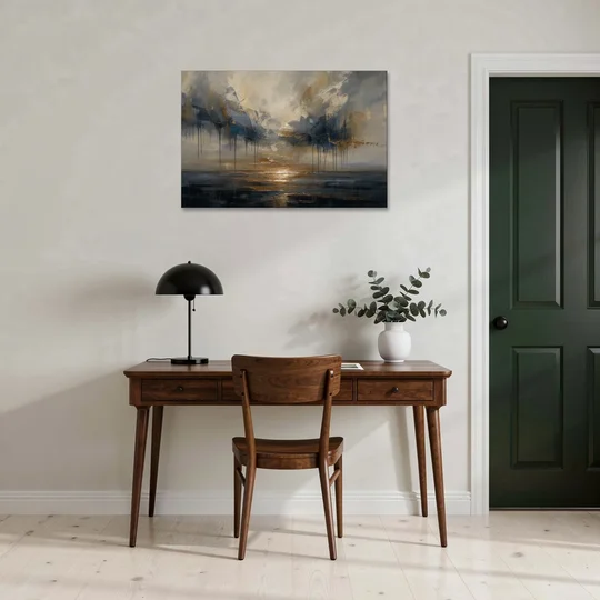Metallic Abstract Bronze Horizon Over Still Sea - Canvas Wall Art - Office - 36x24