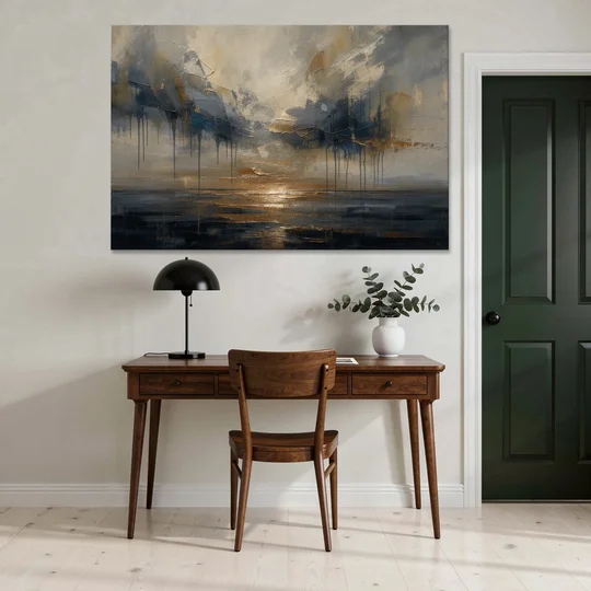 Metallic Abstract Bronze Horizon Over Still Sea - Canvas Wall Art - Office - 60x40