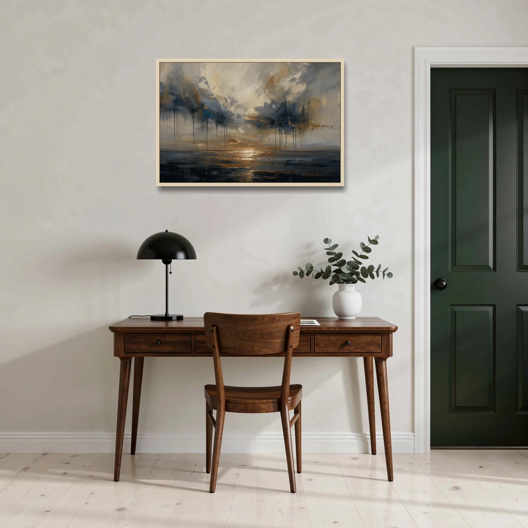 Metallic Abstract Bronze Horizon Over Still Sea - Oak Framed Canvas Wall Art - Office - 36x24