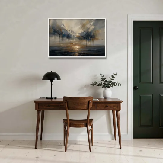 Metallic Abstract Bronze Horizon Over Still Sea - White Framed Canvas Wall Art - Office - 36x24