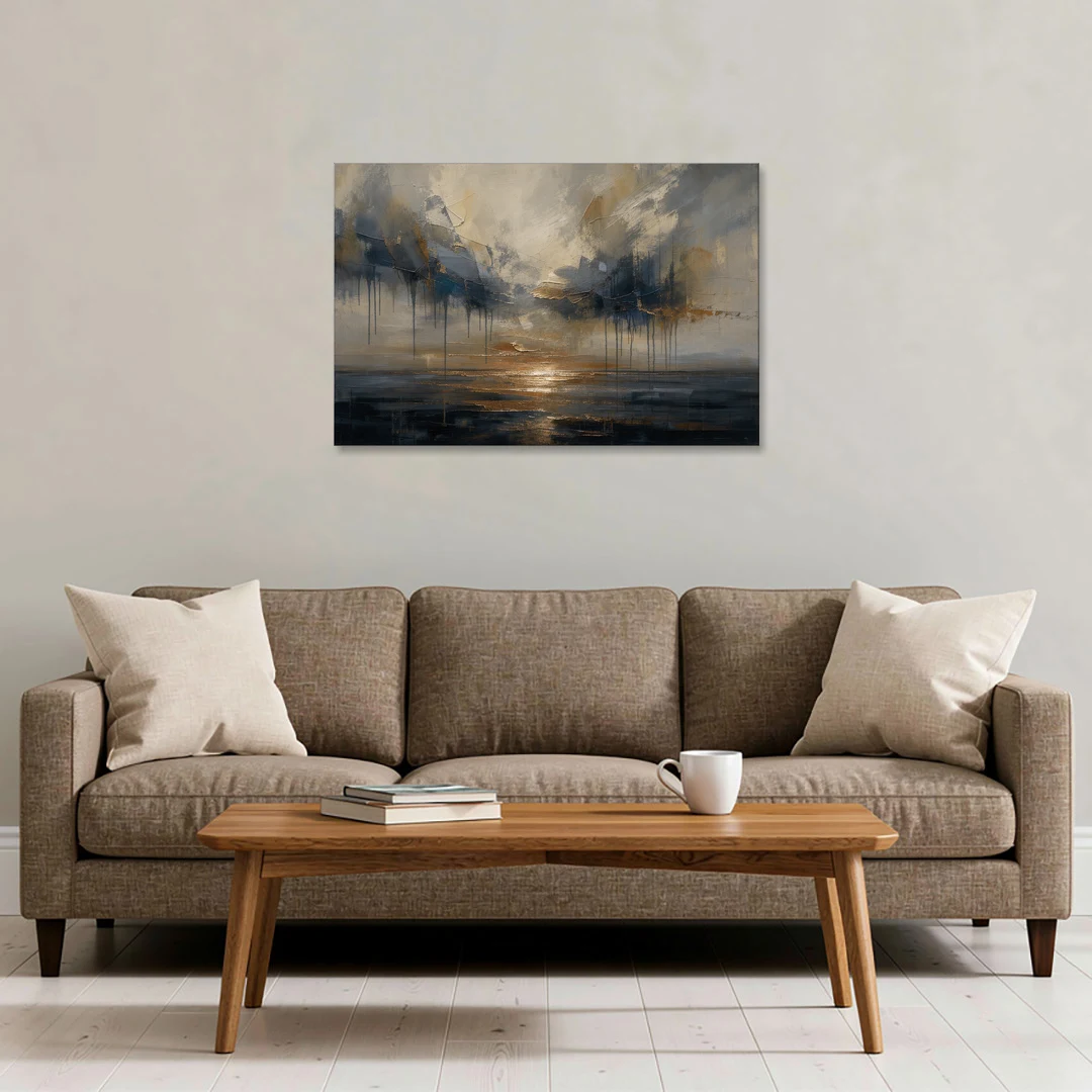 Metallic Abstract Bronze Horizon Over Still Sea - Canvas Wall Art - Sofa - 36x24