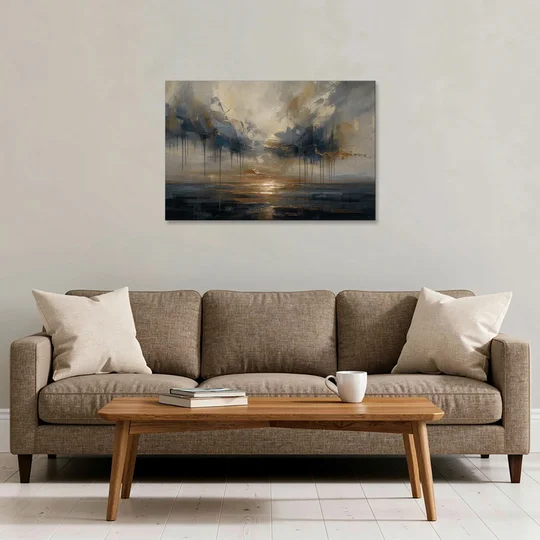 Metallic Abstract Bronze Horizon Over Still Sea - Canvas Wall Art - Sofa - 36x24