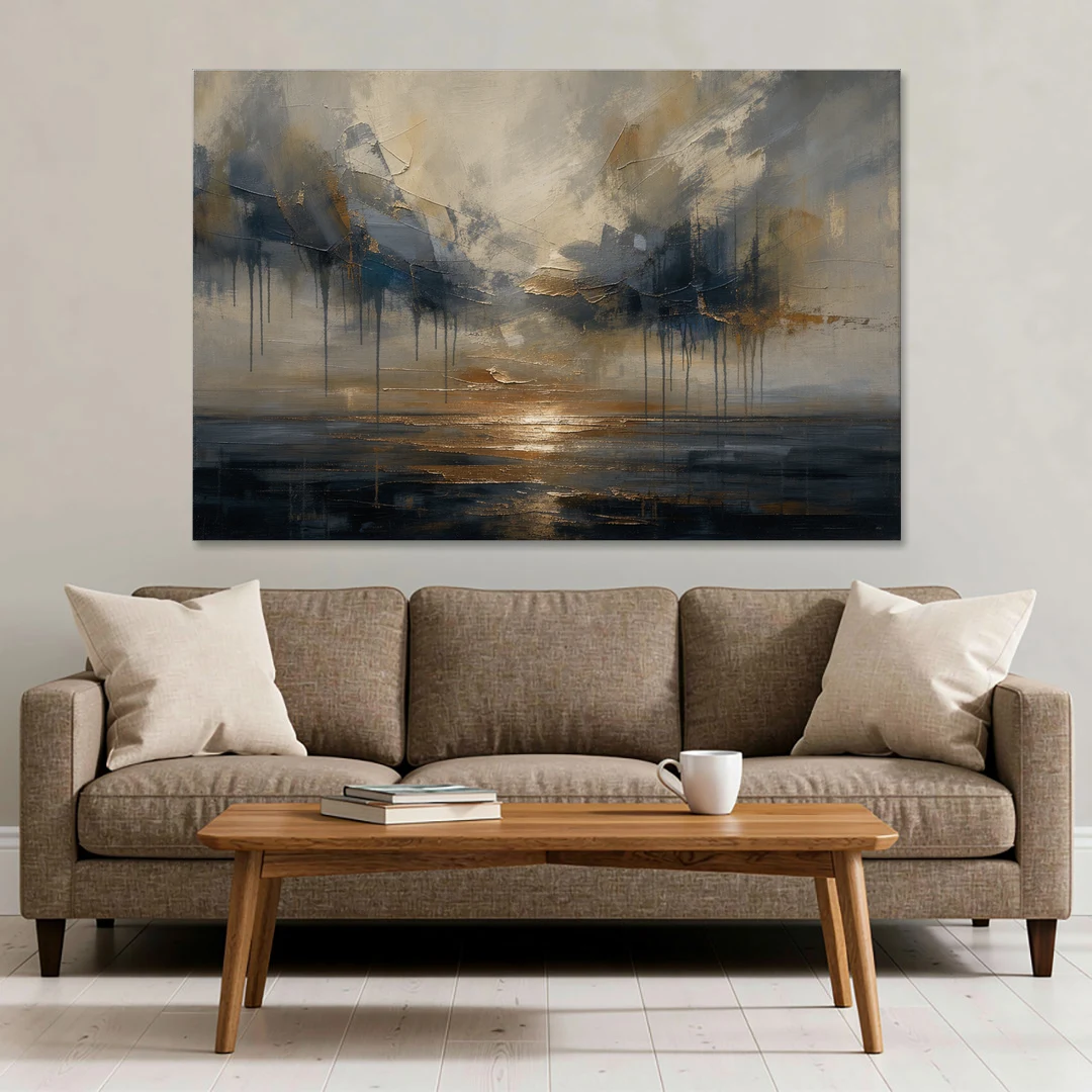 Metallic Abstract Bronze Horizon Over Still Sea - Canvas Wall Art - Sofa - 60x40