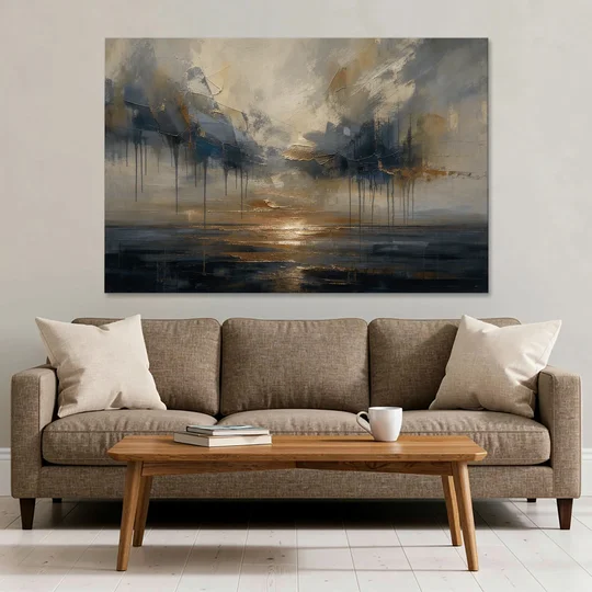 Metallic Abstract Bronze Horizon Over Still Sea - Canvas Wall Art - Sofa - 60x40