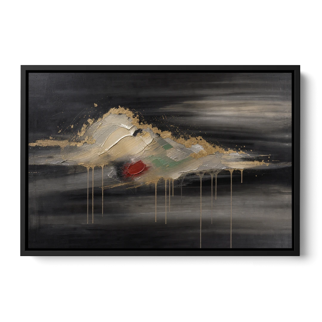Metallic Gold Ivory Cloud Drift for the Living Room - Black Framed Canvas Wall Art - Front