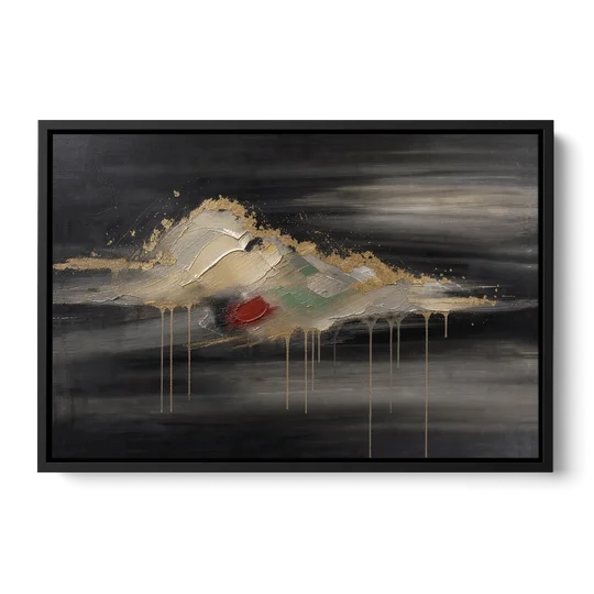 Metallic Gold Ivory Cloud Drift for the Living Room - Black Framed Canvas Wall Art - Front