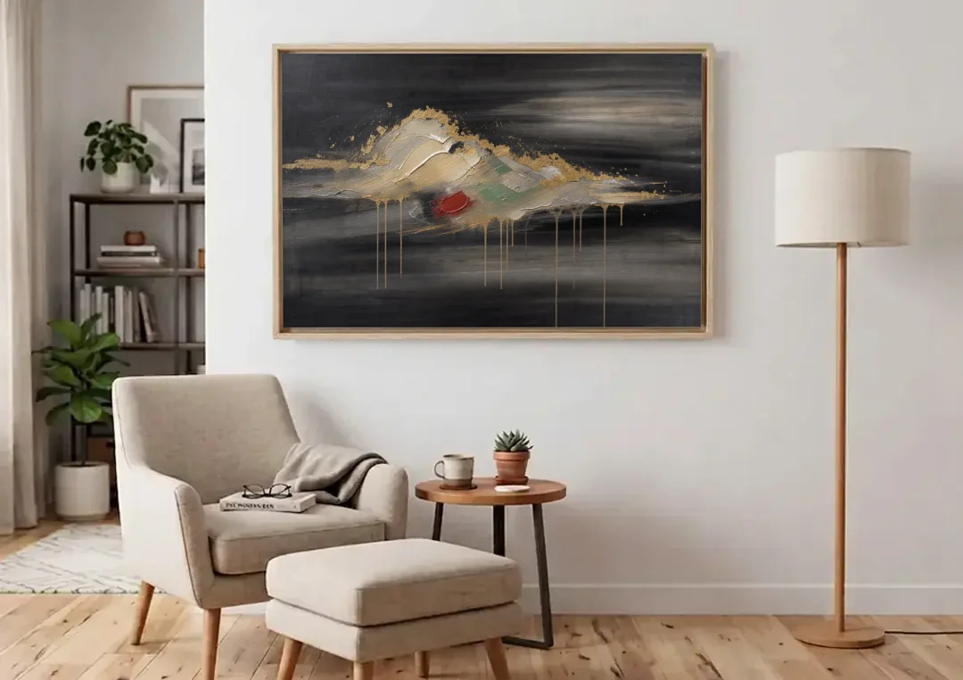 Metallic Gold Ivory Cloud Drift for the Living Room canvas wall art above an armchair in a bright living room