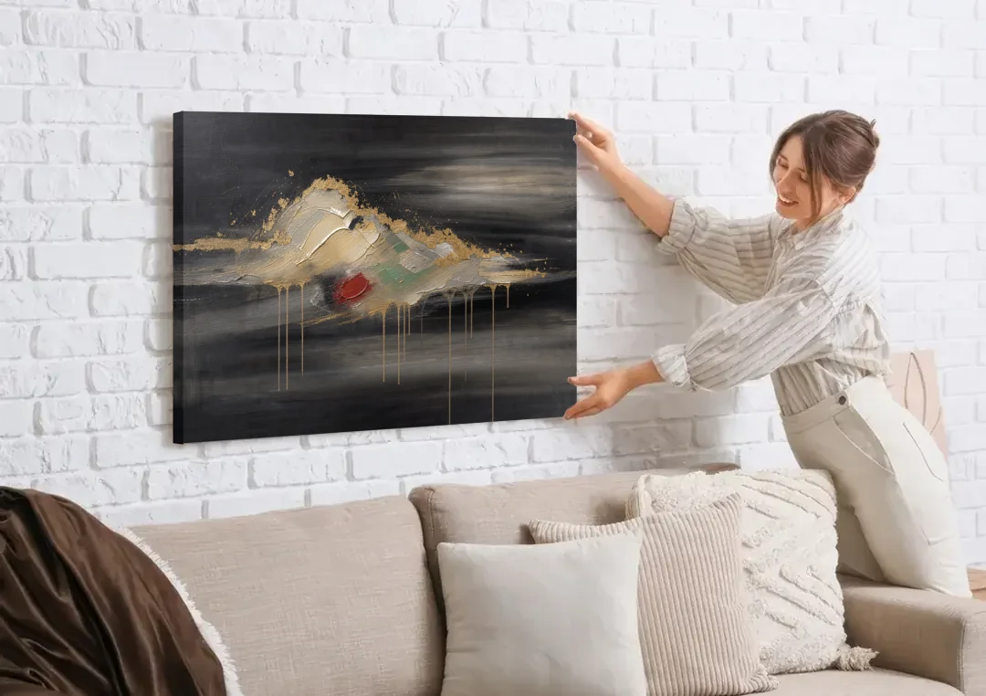 Metallic Gold Ivory Cloud Drift for the Living Room canvas wall art being hung on a white brick wall above a sofa