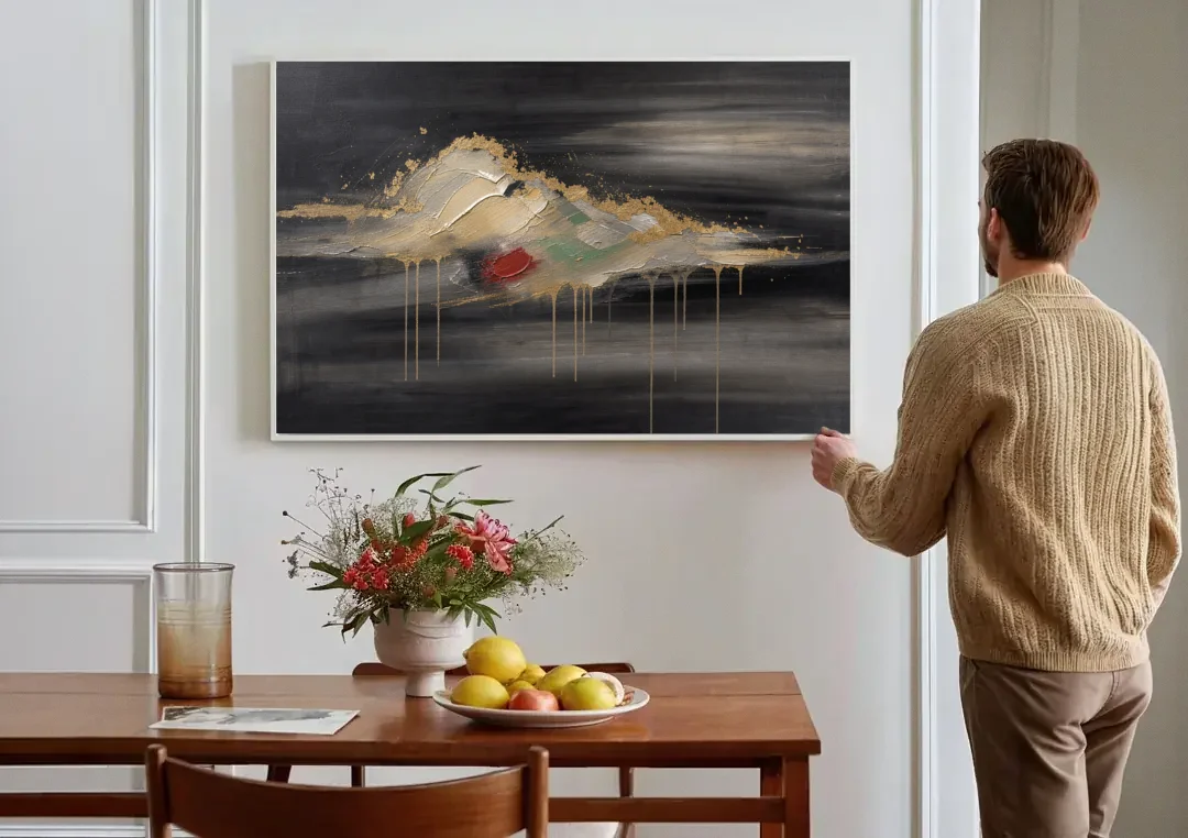 Metallic Gold Ivory Cloud Drift for the Living Room canvas wall art above a dining table