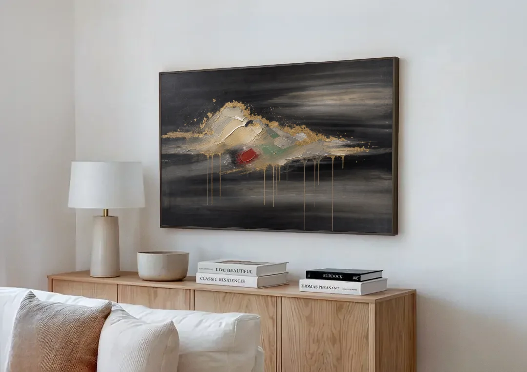 Metallic Gold Ivory Cloud Drift for the Living Room canvas wall art above a wooden sideboard next to a sofa