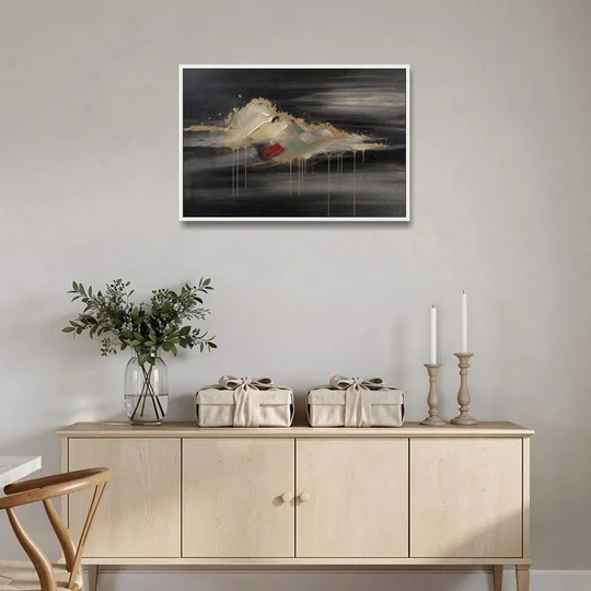Metallic Gold Ivory Cloud Drift for the Living Room - White Framed Canvas Wall Art - Coffee Table - 36x24
