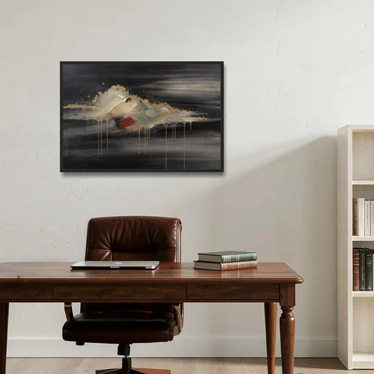 Metallic Gold Ivory Cloud Drift for the Living Room - Black Framed Canvas Wall Art - Office - 36x24