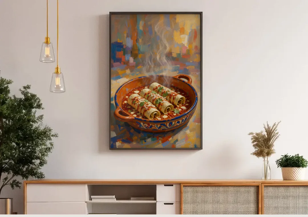 Mexican Food Wall Art of Baked Enchiladas canvas wall art above a wooden sideboard under pendant lights