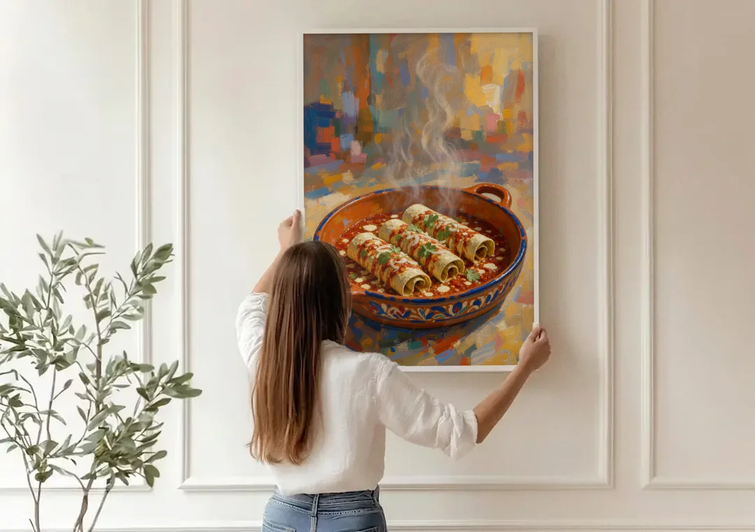 Mexican Food Wall Art of Baked Enchiladas canvas wall art being hung on a paneled wall