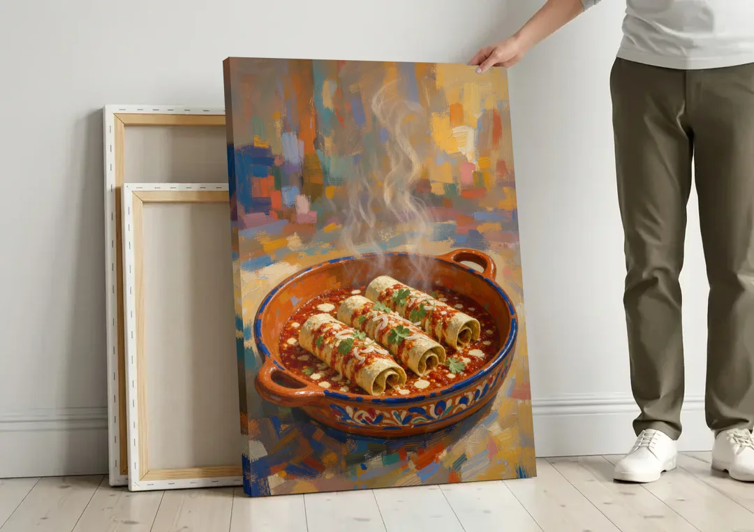 Mexican Food Wall Art of Baked Enchiladas canvas wall art leaning against a wall next to blank canvases