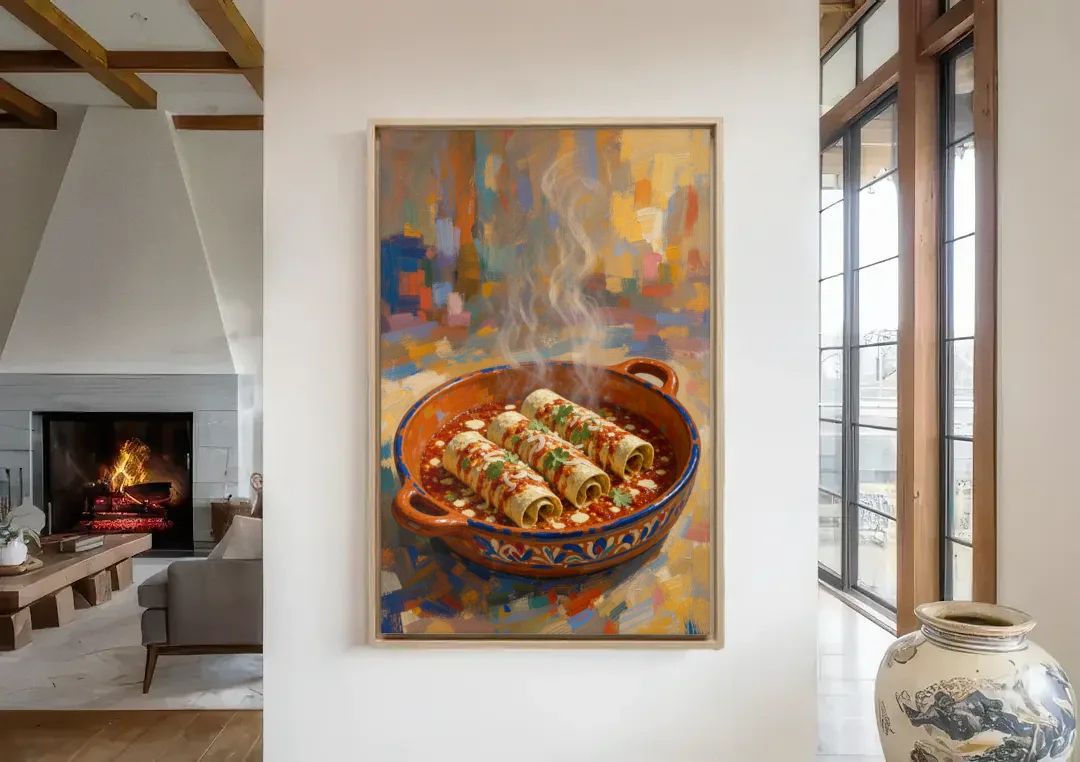 Mexican Food Wall Art of Baked Enchiladas canvas wall art in a living room with a fireplace