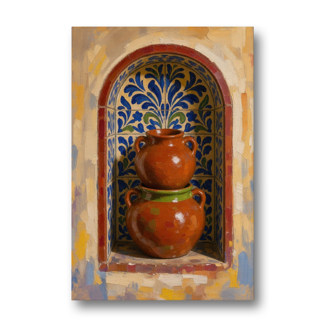 Mexican Kitchen Wall Decor with Stacked Clay Pots - Canvas Wall Art - Front