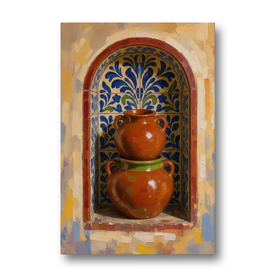 Mexican Kitchen Wall Decor with Stacked Clay Pots - Canvas Wall Art - Front