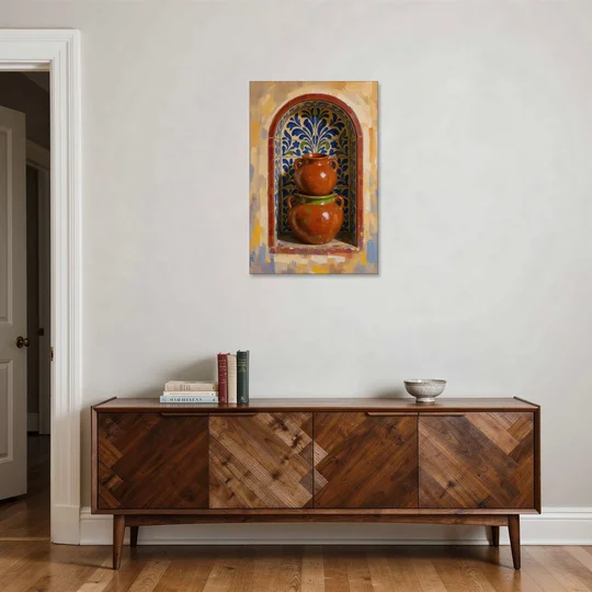 Mexican Kitchen Wall Decor with Stacked Clay Pots - Canvas Wall Art - Coffee Table - 24x36