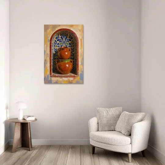 Mexican Kitchen Wall Decor with Stacked Clay Pots - Canvas Wall Art - Sofa - 24x36