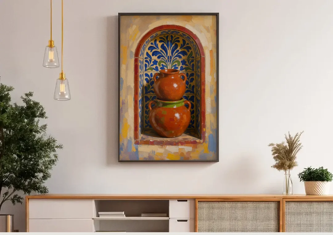 Mexican Kitchen Wall Decor with Stacked Clay Pots canvas wall art above a wooden sideboard under pendant lights