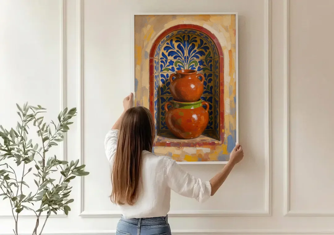 Mexican Kitchen Wall Decor with Stacked Clay Pots canvas wall art being hung on a paneled wall