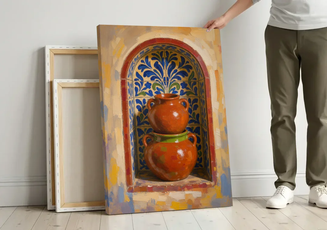 Mexican Kitchen Wall Decor with Stacked Clay Pots canvas wall art leaning against a wall next to blank canvases