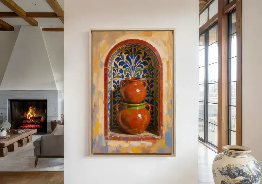 Mexican Kitchen Wall Decor with Stacked Clay Pots canvas wall art in a living room with a fireplace