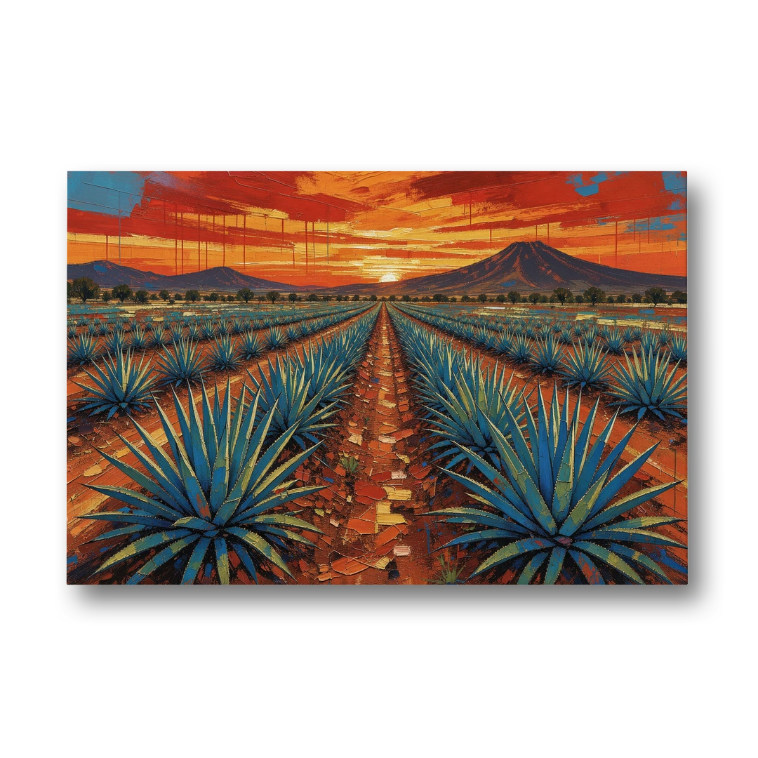 Mexican Landscape Painting of Blue Agave at Sunset - Canvas Wall Art - Front