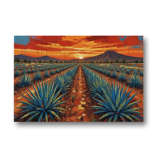 Mexican Landscape Painting of Blue Agave at Sunset - Canvas Wall Art - Front