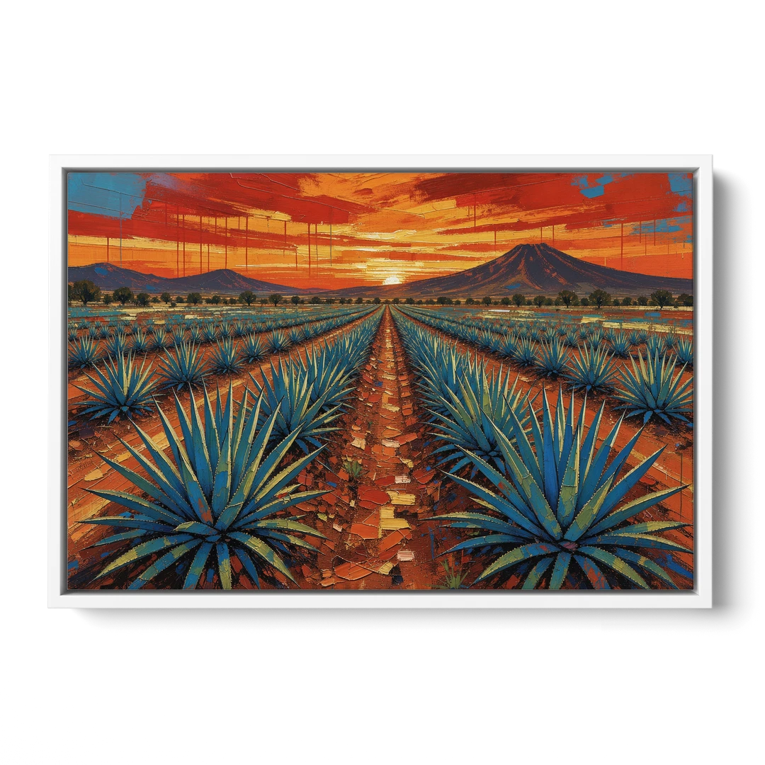 Mexican Landscape Painting of Blue Agave at Sunset - White Framed Canvas Wall Art - Front
