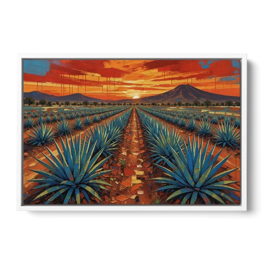 Mexican Landscape Painting of Blue Agave at Sunset - White Framed Canvas Wall Art - Front