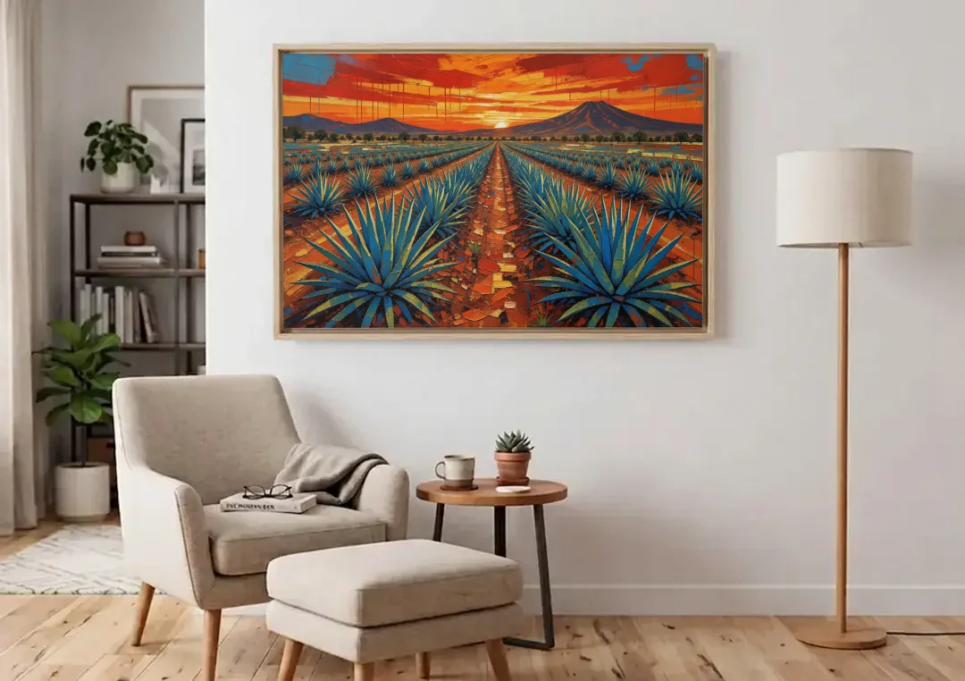 Mexican Landscape Painting of Blue Agave at Sunset canvas wall art above an armchair in a bright living room