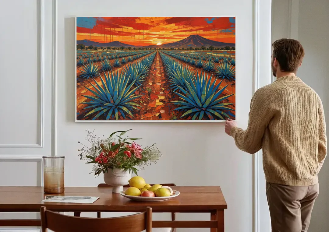 Mexican Landscape Painting of Blue Agave at Sunset canvas wall art above a dining table