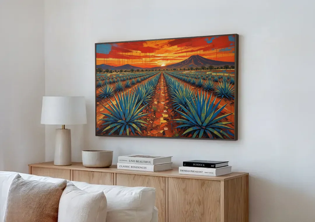 Mexican Landscape Painting of Blue Agave at Sunset canvas wall art above a wooden sideboard next to a sofa