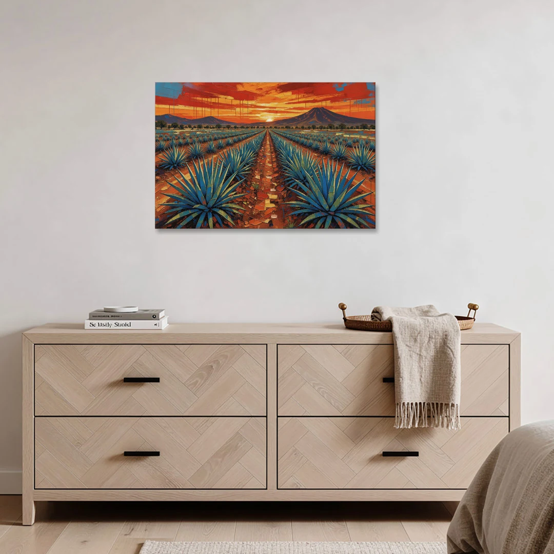 Mexican Landscape Painting of Blue Agave at Sunset - Canvas Wall Art - Coffee Table - 36x24