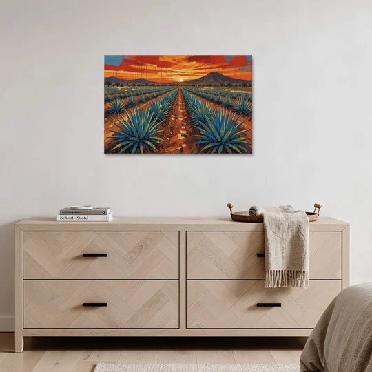 Mexican Landscape Painting of Blue Agave at Sunset - Canvas Wall Art - Coffee Table - 36x24