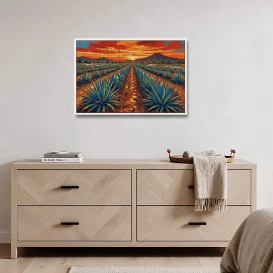 Mexican Landscape Painting of Blue Agave at Sunset - White Framed Canvas Wall Art - Coffee Table - 36x24
