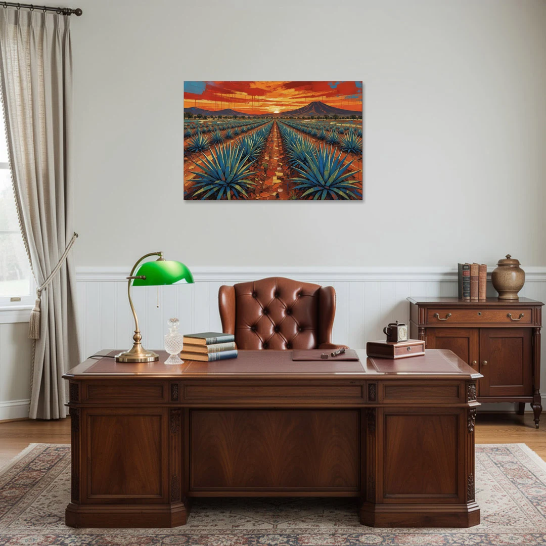 Mexican Landscape Painting of Blue Agave at Sunset - Canvas Wall Art - Office - 36x24