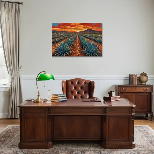 Mexican Landscape Painting of Blue Agave at Sunset - Canvas Wall Art - Office - 36x24