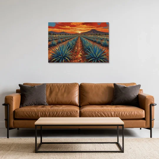 Mexican Landscape Painting of Blue Agave at Sunset - Canvas Wall Art - Sofa - 36x24