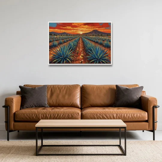 Mexican Landscape Painting of Blue Agave at Sunset - White Framed Canvas Wall Art - Sofa - 36x24