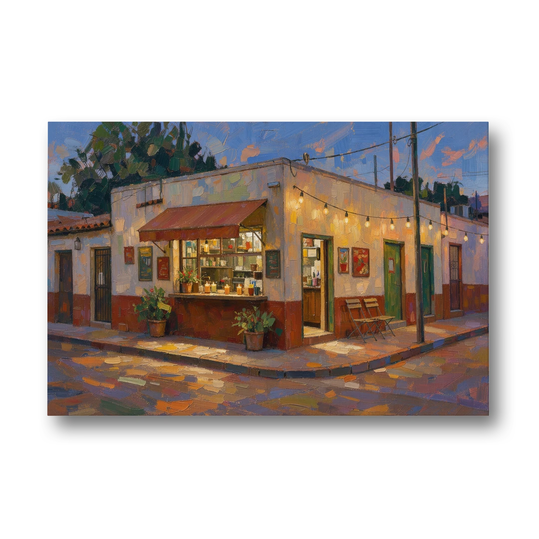 Mexican Restaurant Decor Taqueria Corner at Dusk - Canvas Wall Art - Front