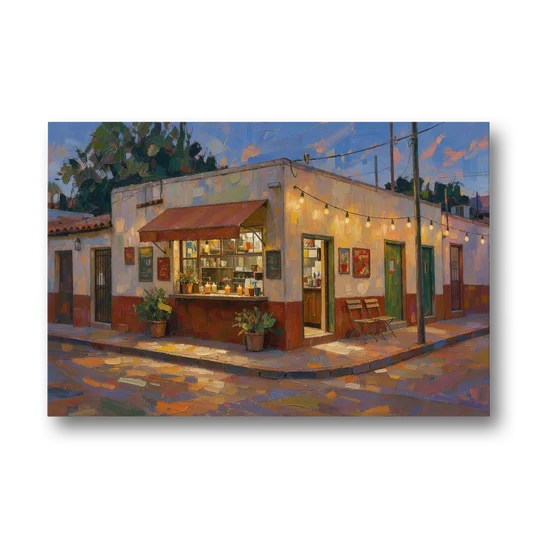 Mexican Restaurant Decor Taqueria Corner at Dusk - Canvas Wall Art - Front