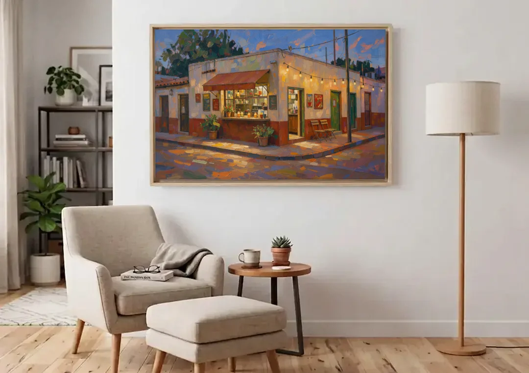 Mexican Restaurant Decor Taqueria Corner at Dusk canvas wall art above an armchair in a bright living room